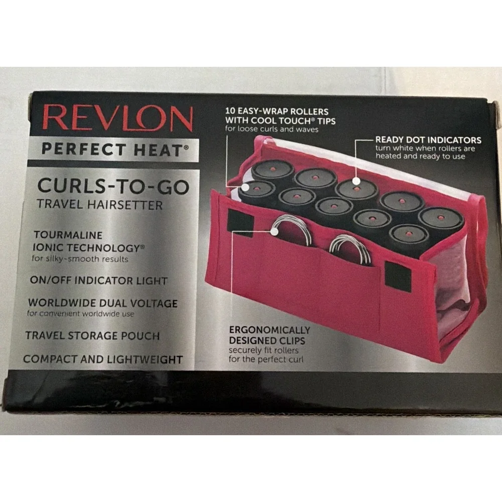 REVLON Perfect Heat CURLS-TO-GO Electric Travel Hairsetter Pink Pouch Clips
